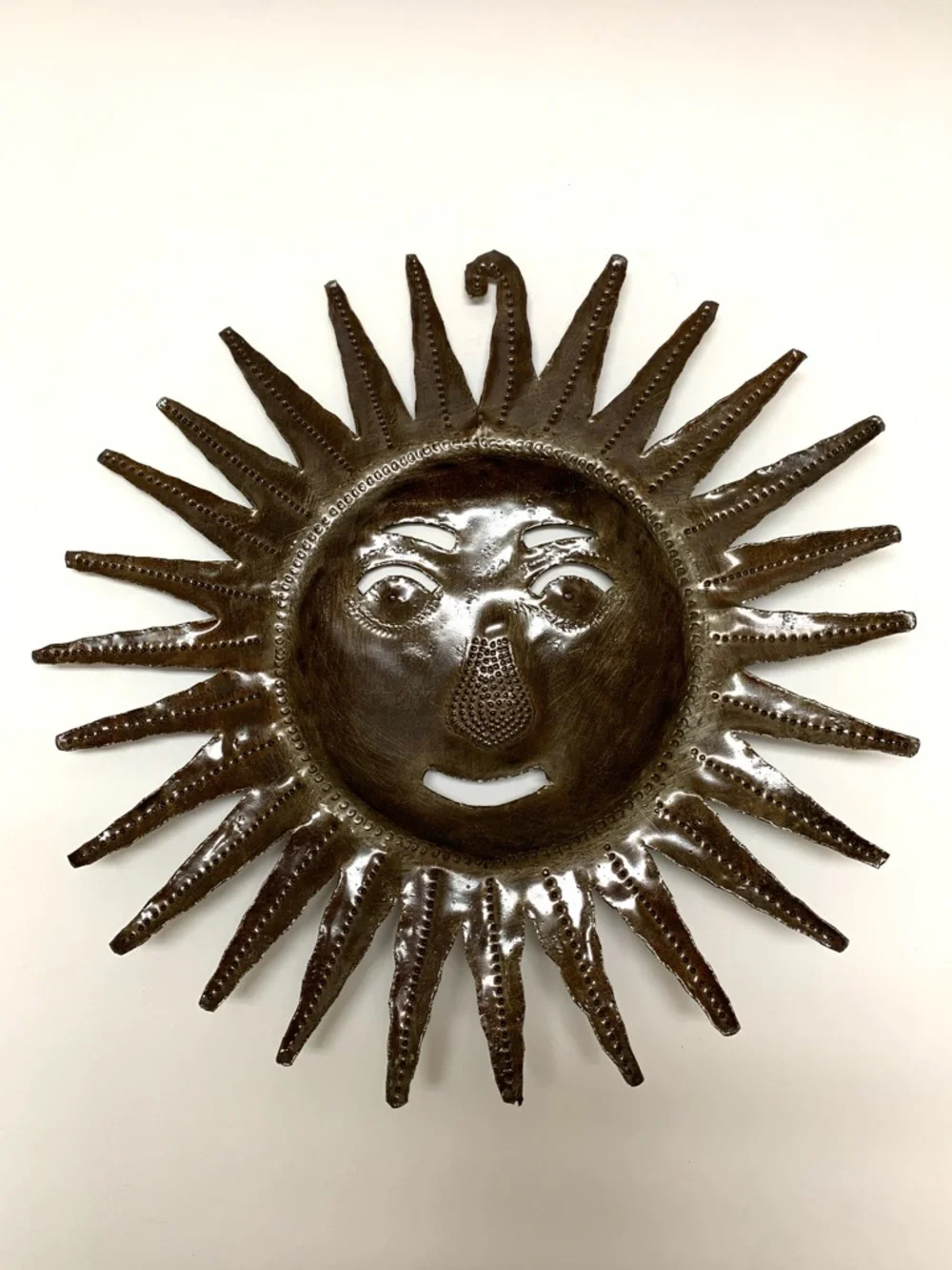 Handcrafted Haitian Bronze Colored Metal Sun Face Wall Sculpture